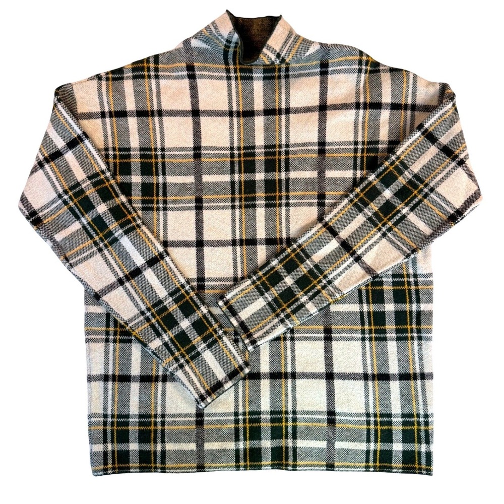 TAHARI Women's Mock Neck Army Green Tartan Plaid Sweater Long Sleeve Size Medium